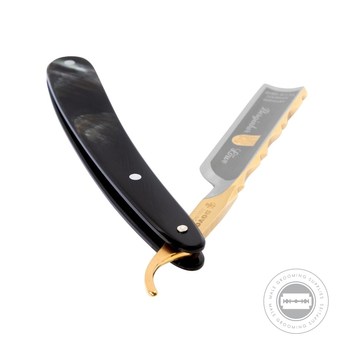 Black horn Dovo Bergischer Löwe Straight Razor opened to reveal gold accents.