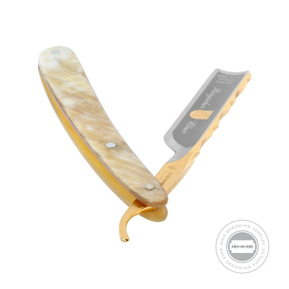 Open Dovo Bergischer Löwe Straight Razor with gold-plated spine and beige horn handle.