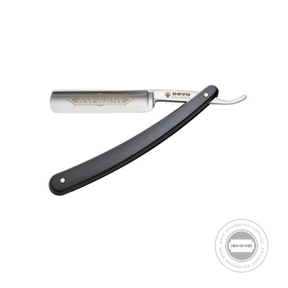 Fully extended Dovo Best Quality Straight Razor 5/8", displaying the elegant black handle and full hollow ground blade.