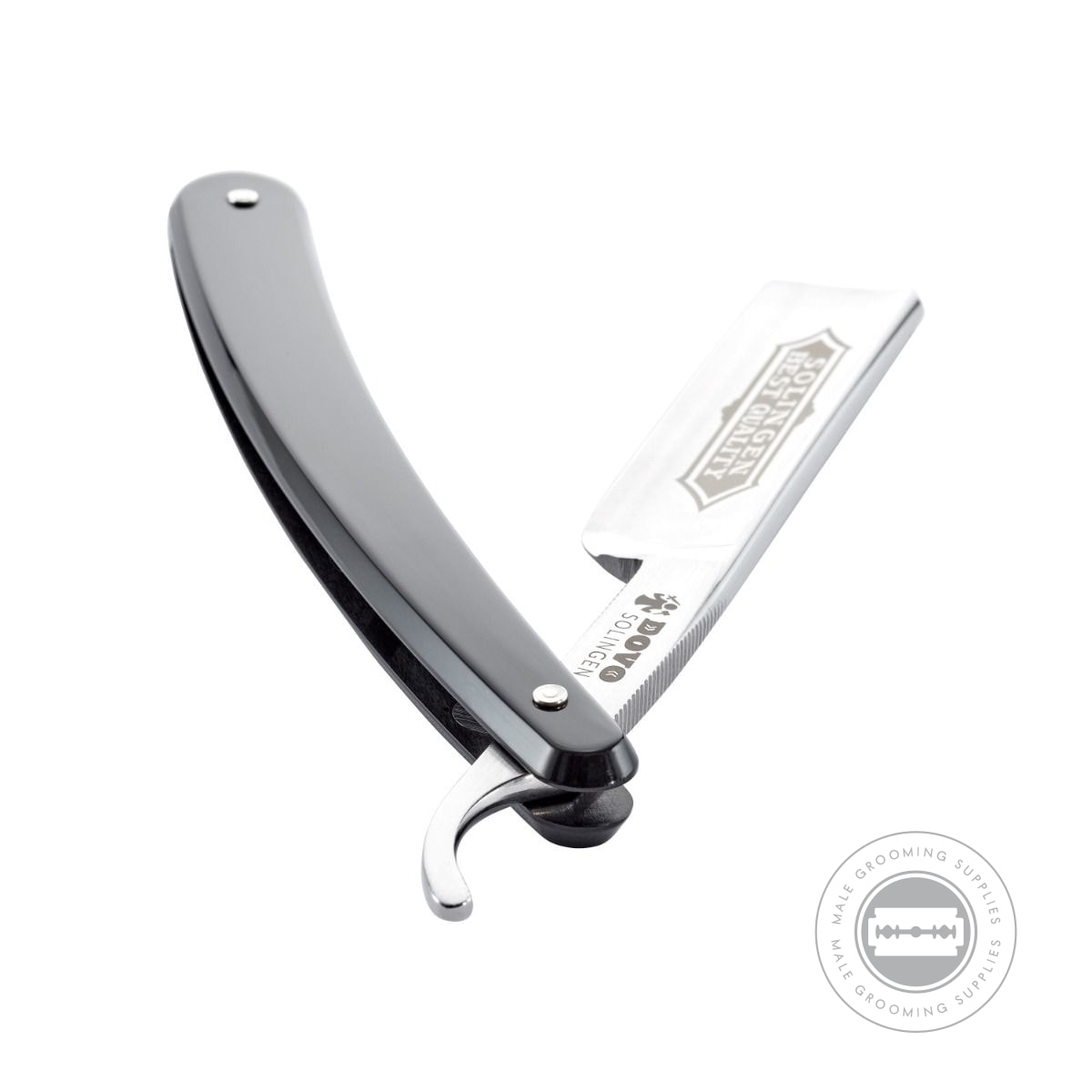 Dovo Best Quality Straight Razor 5/8" in an open position, showcasing the blade and engraved branding.