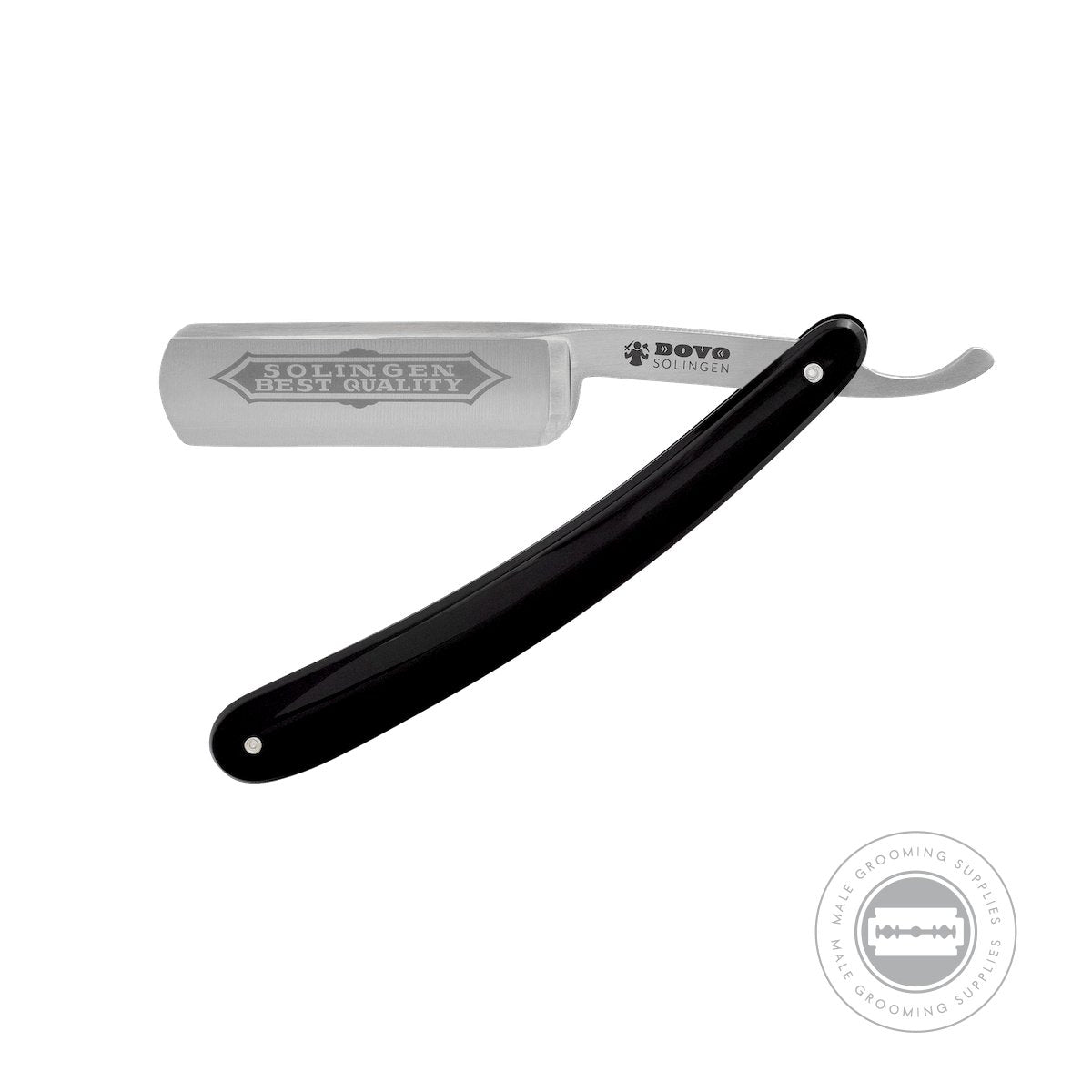 Dovo Best Quality Straight Razor 6/8 - Fully open view featuring the carbon steel blade and smooth black PMMA handle.