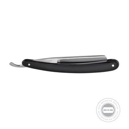 Dovo Best Quality Straight Razor 6/8 - Side view of the razor in the closed position, showing the sleek black PMMA handle.