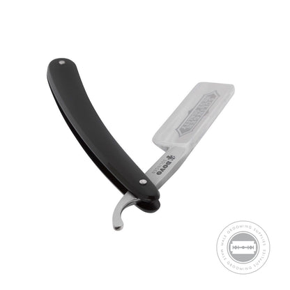 Dovo Best Quality Straight Razor 6/8 - Angled open view showcasing the round point blade, ribbed tang, and black PMMA handle.