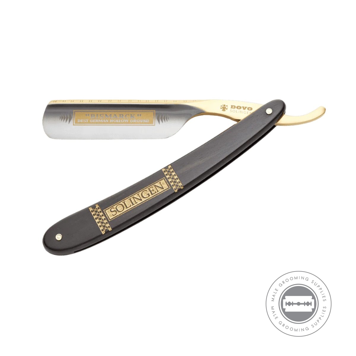 Dovo 'Bismarck 2' Straight Razor side view with 'Solingen' engraving on black ebony handle.