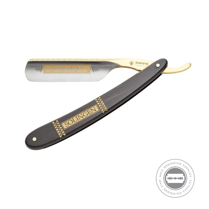 Dovo 'Bismarck 2' Straight Razor side view with 'Solingen' engraving on black ebony handle.