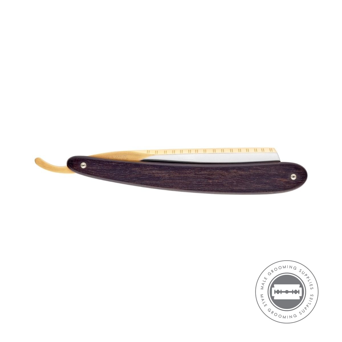 Dovo 'Bismarck 2' Straight Razor closed with black ebony handle and gold-plated spine.