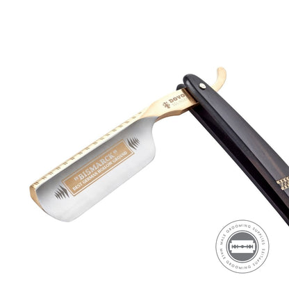 Dovo 'Bismarck 2' Straight Razor fully opened with gold-plated spine and engraved blade details.