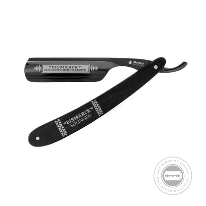 Dovo Bismarck Black Duke Straight Razor 6/8 fully extended, highlighting the intricate detailing on the handle and spine.