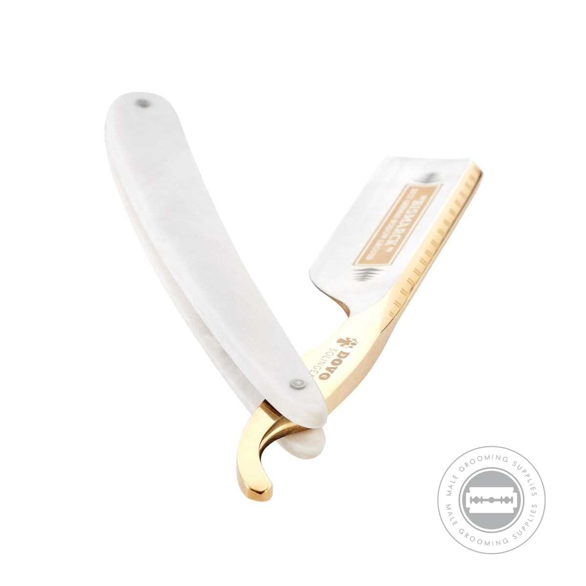 Dovo 'Bismarck' Mother of Pearl Straight Razor partially opened showing carbon steel blade and pearl-white handle.