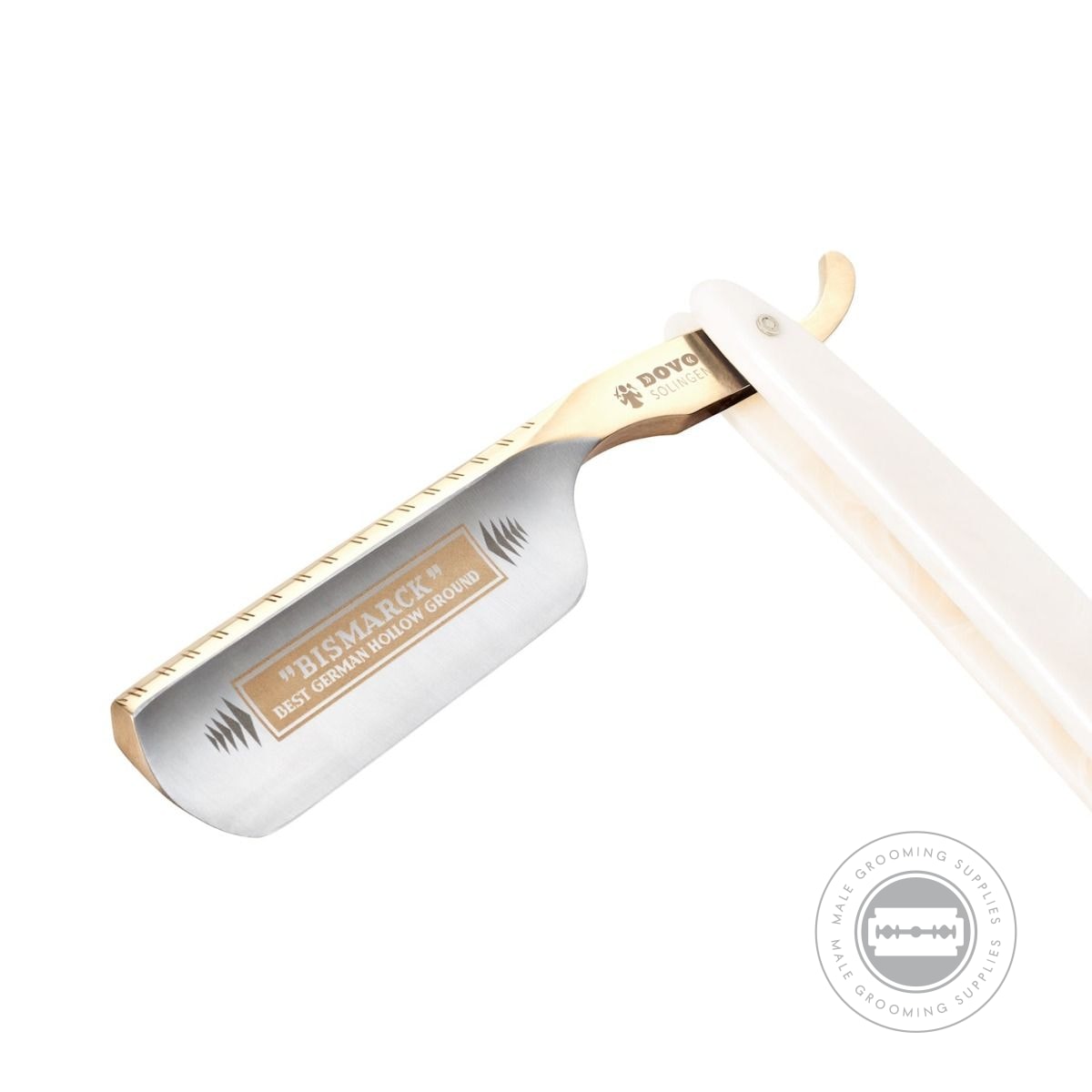 Dovo 'Bismarck' Mother of Pearl Straight Razor fully opened with engraved blade and pearl-white handle.