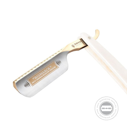 Dovo 'Bismarck' Mother of Pearl Straight Razor fully opened with engraved blade and pearl-white handle.