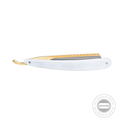 Dovo 'Bismarck' Mother of Pearl Straight Razor closed with pearl-white handle and gold-plated spine.