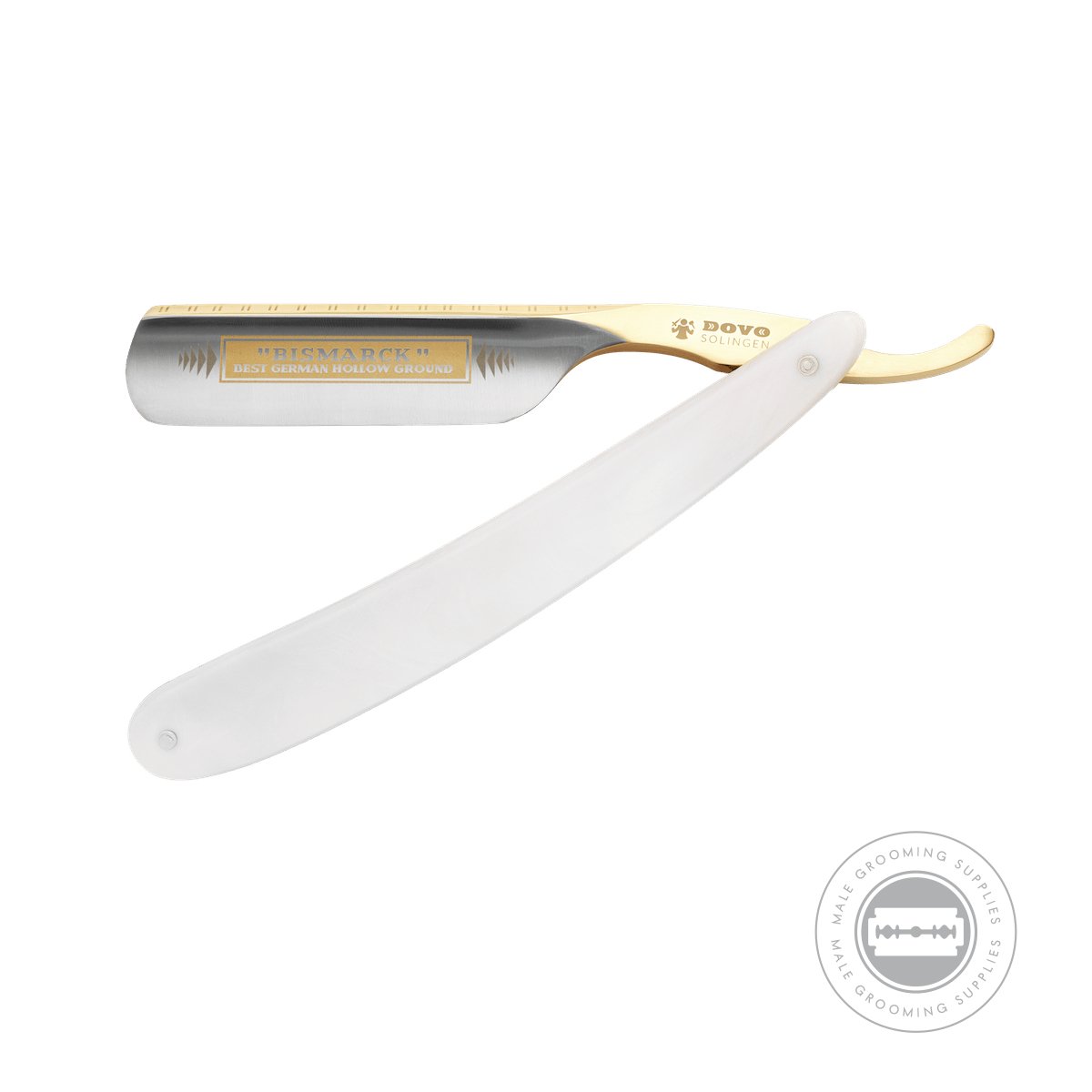 Dovo 'Bismarck' Mother of Pearl Straight Razor side view with pearl-white acrylic handle and gold-plated spine.