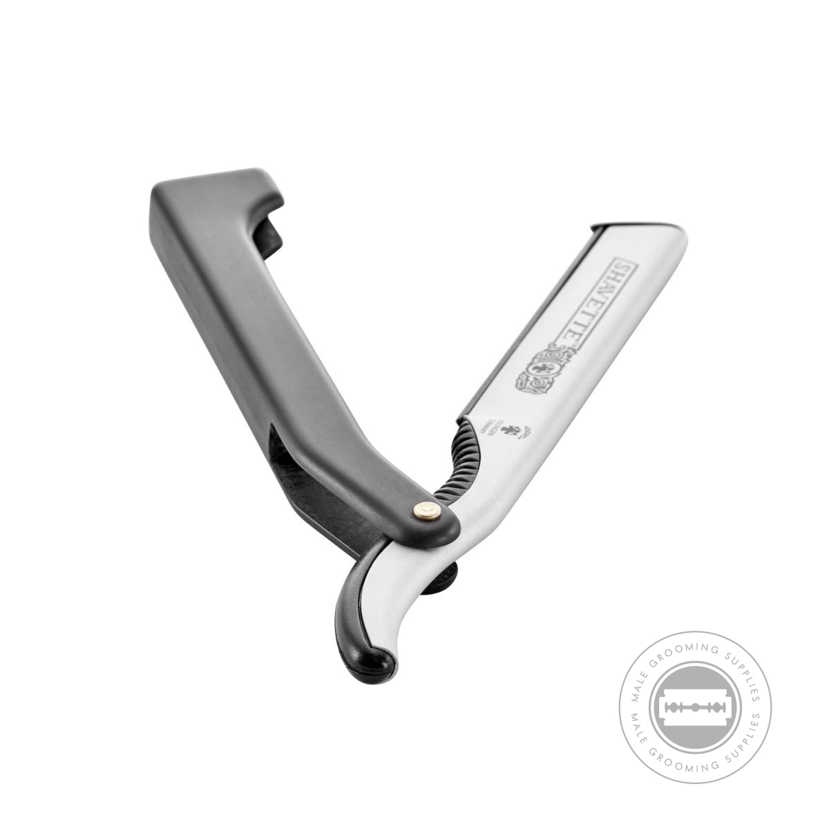 Dovo Black and Silver Shavette with open blade and ergonomic handle design.