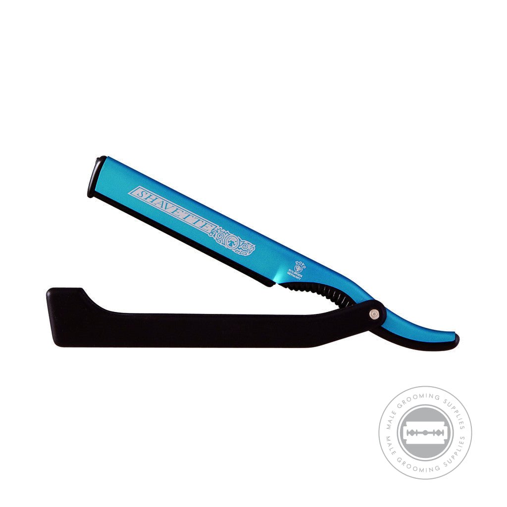 Dovo Blue Shavette with blue aluminum body and black handle, includes blade holders and disposable blades.