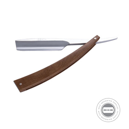 Fully open Dovo EDO Beech Wood Straight Razor, displaying the elegant blade and ergonomic wooden handle.