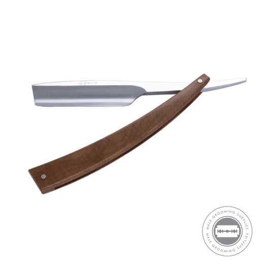 Fully open Dovo EDO Beech Wood Straight Razor, displaying the elegant blade and ergonomic wooden handle.