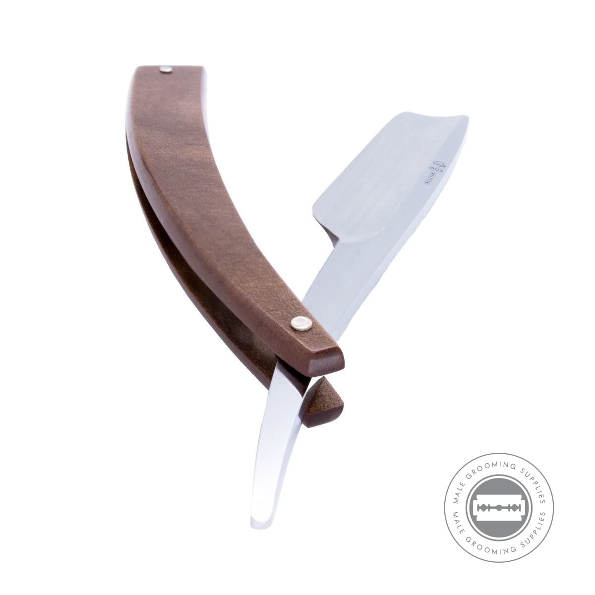 Dovo EDO Beech Wood Straight Razor partially open, highlighting the compressed beech wood handle and polished blade.