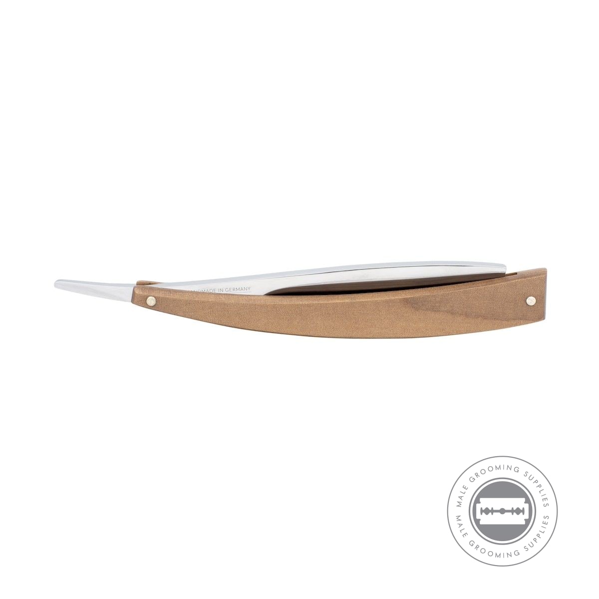 Closed Dovo EDO Maple Wood Straight Razor with a compressed maple wood handle and polished tang.