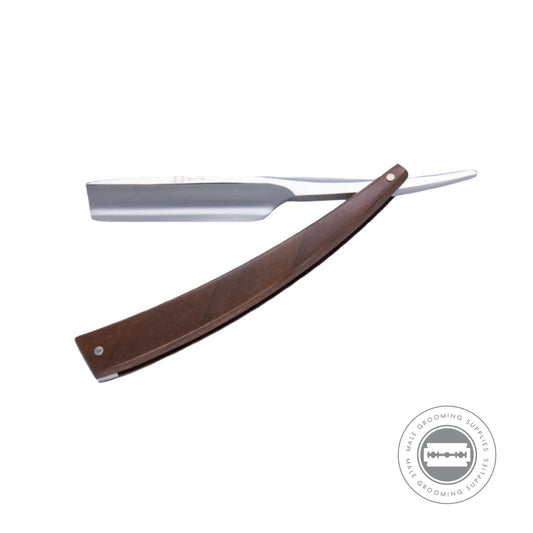 Dovo EDO Walnut Wood Straight Razor 5/8 fully open with the blade and handle aligned for detailed viewing.