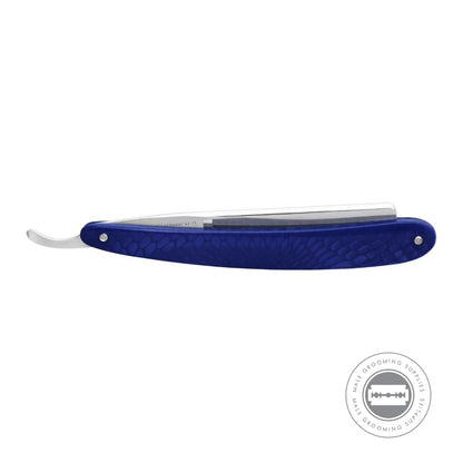 Side view of the Dovo Facharbeit Blue Straight Razor featuring a textured blue acrylic handle.