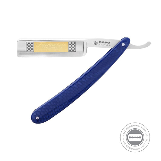 Dovo Facharbeit Blue Straight Razor fully open, highlighting the vibrant blue acrylic handle and sharp blade.