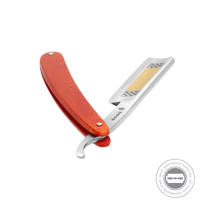 Open view of the Dovo Facharbeit Red Straight Razor with its detailed handle and blade.