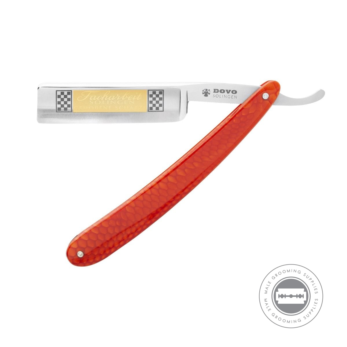 Fully open view of the Dovo Facharbeit Red Straight Razor showcasing the blade and handle design.