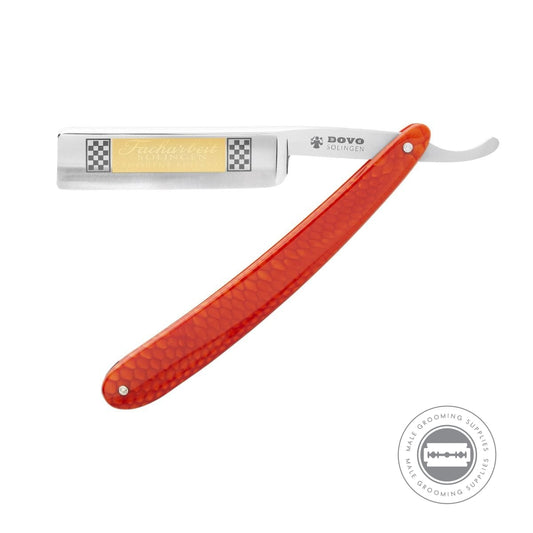 Fully open view of the Dovo Facharbeit Red Straight Razor showcasing the blade and handle design.