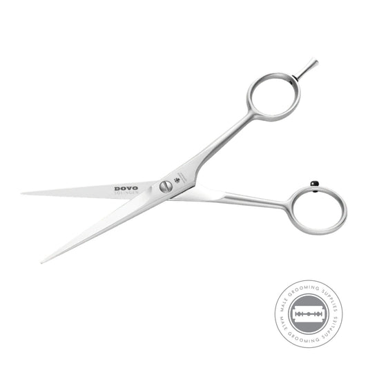 Open view of Dovo 6-inch hair scissors showcasing hand-ground, micro-serrated blades and balanced design for professional use.