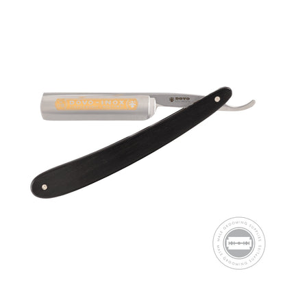 Dovo 'Inox' Straight Razor 5/8 with stainless steel blade and ebony wood handle, fully opened.