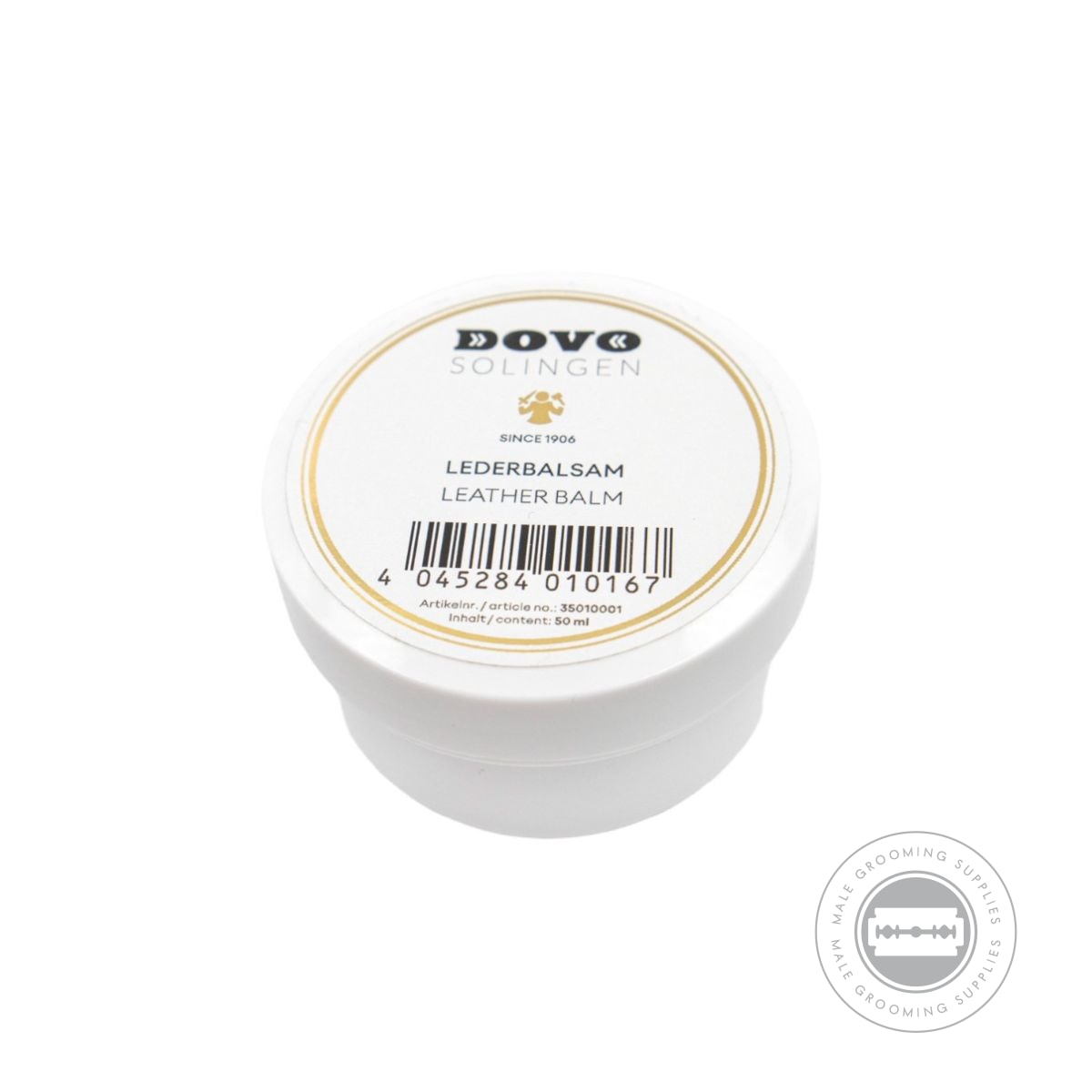 Dovo Leather Balm for razor strops, 50ml plastic tub, formulated with Vaseline and Lanolin to rejuvenate and protect strops - top down view of tub.