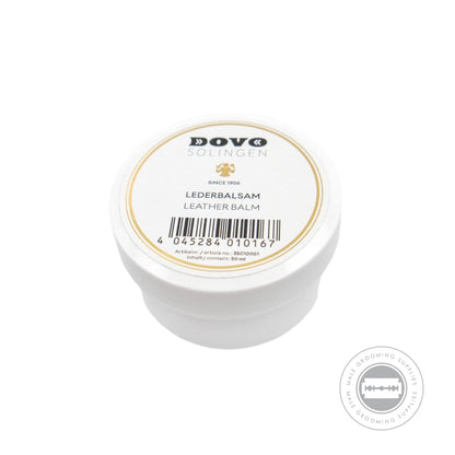 Dovo Leather Balm for razor strops, 50ml plastic tub, formulated with Vaseline and Lanolin to rejuvenate and protect strops - top down view of tub.