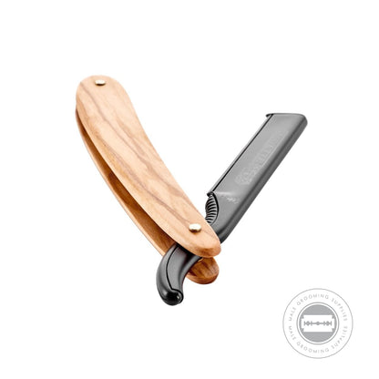 Open Dovo Olive Wood Shavette showing black anodized blade holder.