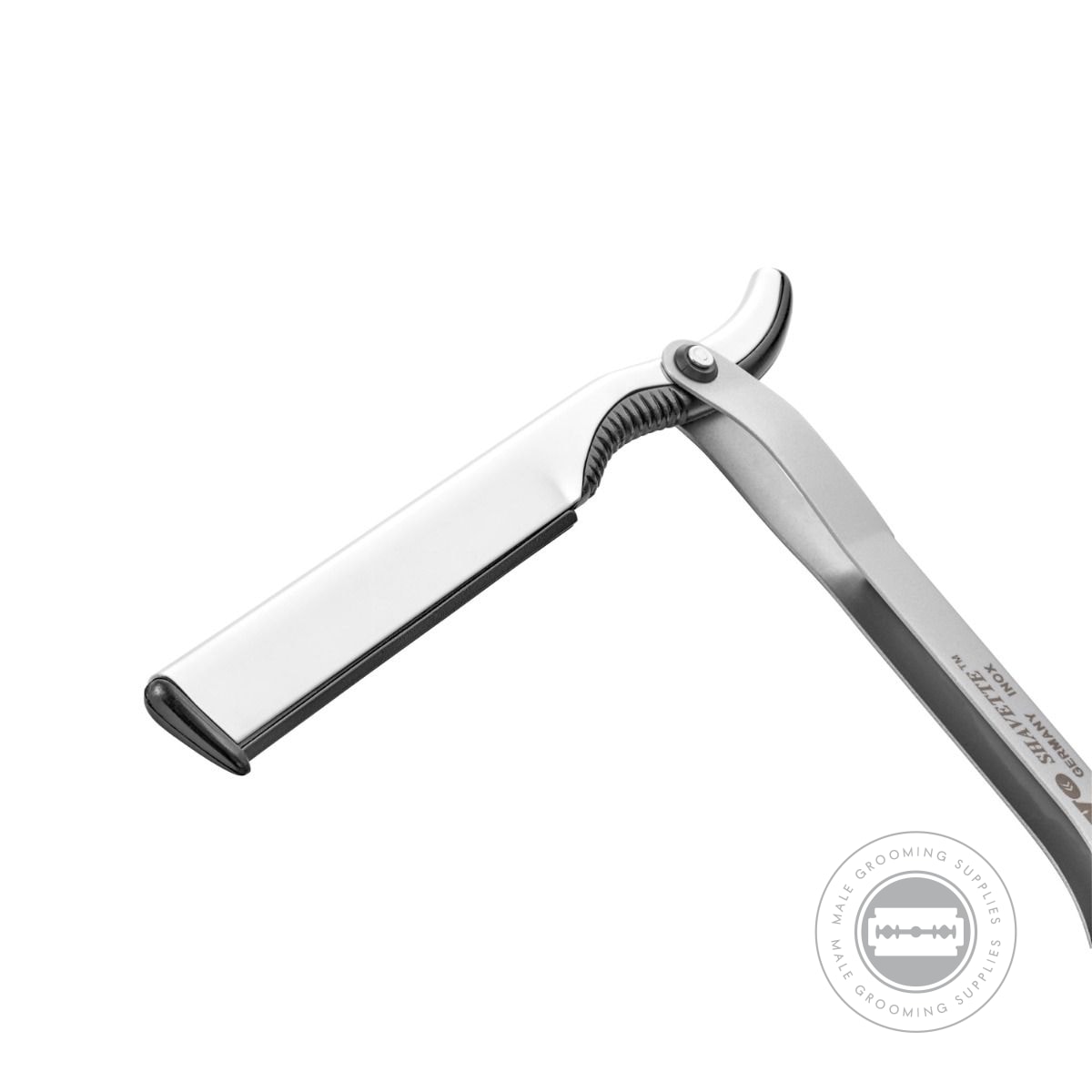 Close-up angle of the Dovo Polished Stainless Steel Shavette, emphasizing its stainless steel finish and craftsmanship.