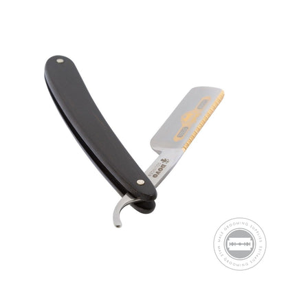 Dovo Prima Silver Steel Straight Razor 5/8 slightly open, showing intricate gold detailing on the blade.