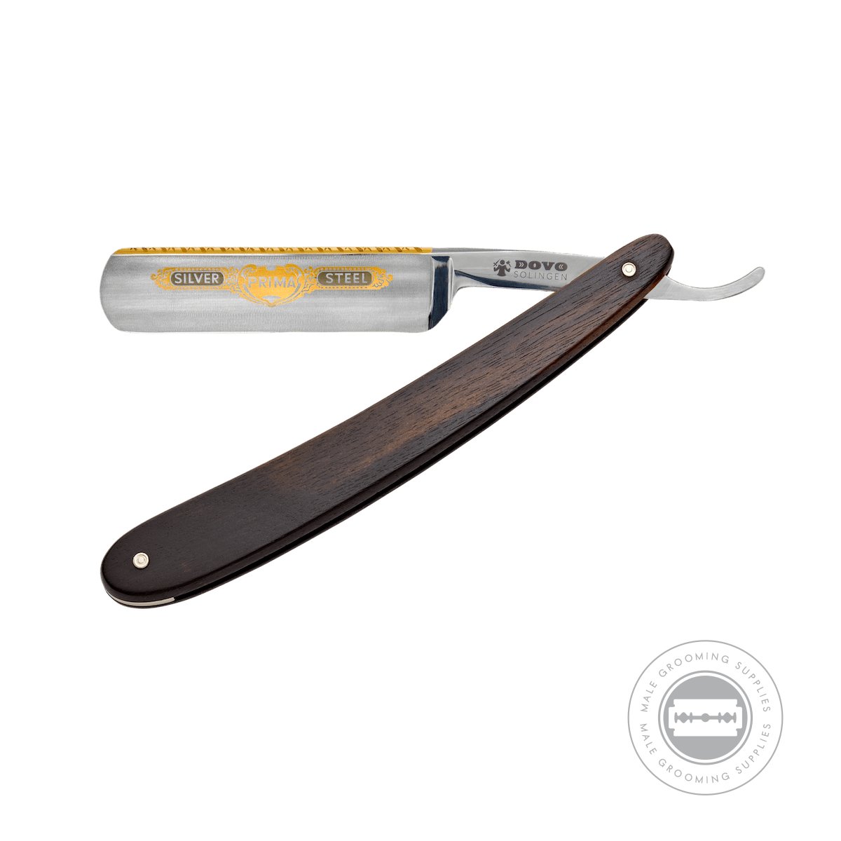 Dovo Prima Silver Steel Straight Razor 5/8 angled view, featuring a polished blade and ribbed tang.