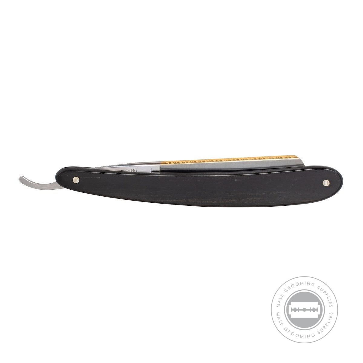 Dovo Prima Silver Steel Straight Razor 5/8 closed with ebony handle and gold-plated blade design.