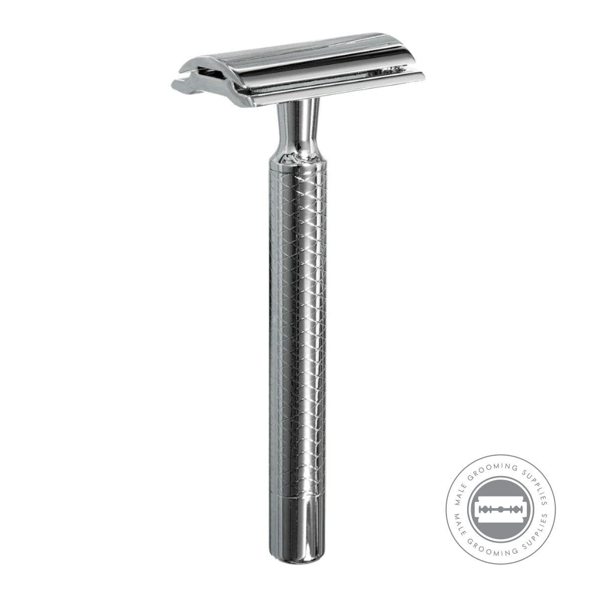 Dovo Primo II Safety Razor upright view highlighting closed comb and textured handle.