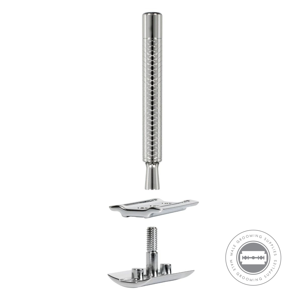 Exploded view of the Dovo Primo II Safety Razor showing all three parts.