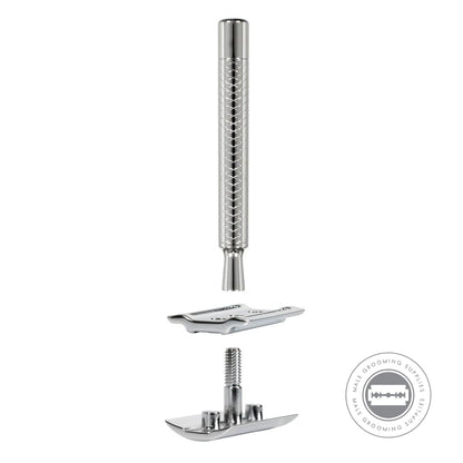 Exploded view of the Dovo Primo II Safety Razor showing all three parts.