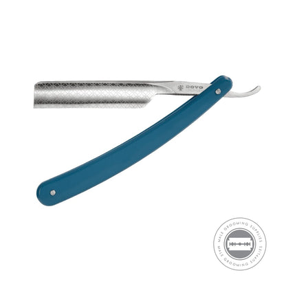 Fully open Dovo Runde Sache Blue Straight Razor showing blue PMMA handle and decorated spine.