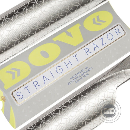 Close-up of Dovo Runde Sache Straight Razor packaging with silver detailing.