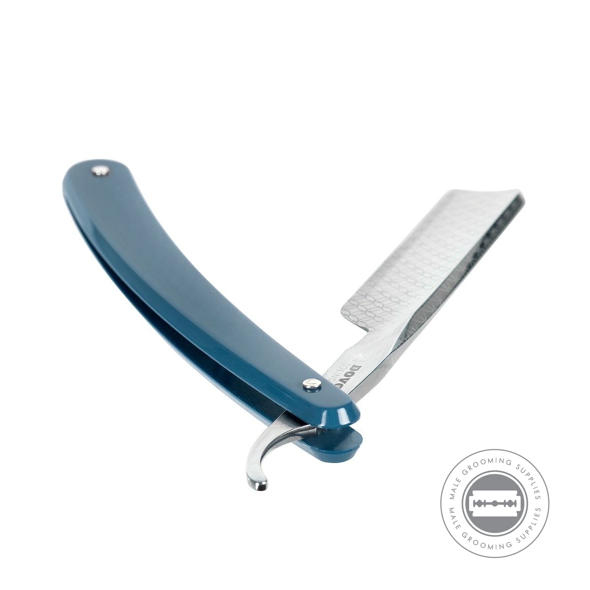 Dovo Runde Sache Straight Razor partially open showcasing its engraved blade and ergonomic design.