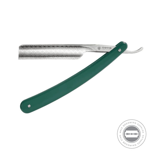 Full view of the Dovo Runde Sache straight razor with a green handle and square point blade.