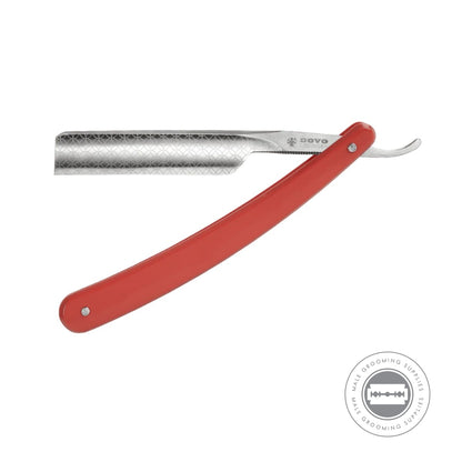 Full-length view of Dovo Runde Sache Red Straight Razor with red handle and engraved blade.