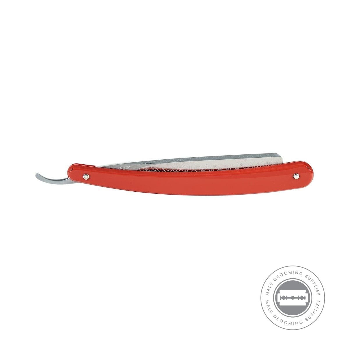 Side view of Dovo Runde Sache Red Straight Razor with a red PMMA plastic handle and engraved carbon steel blade.