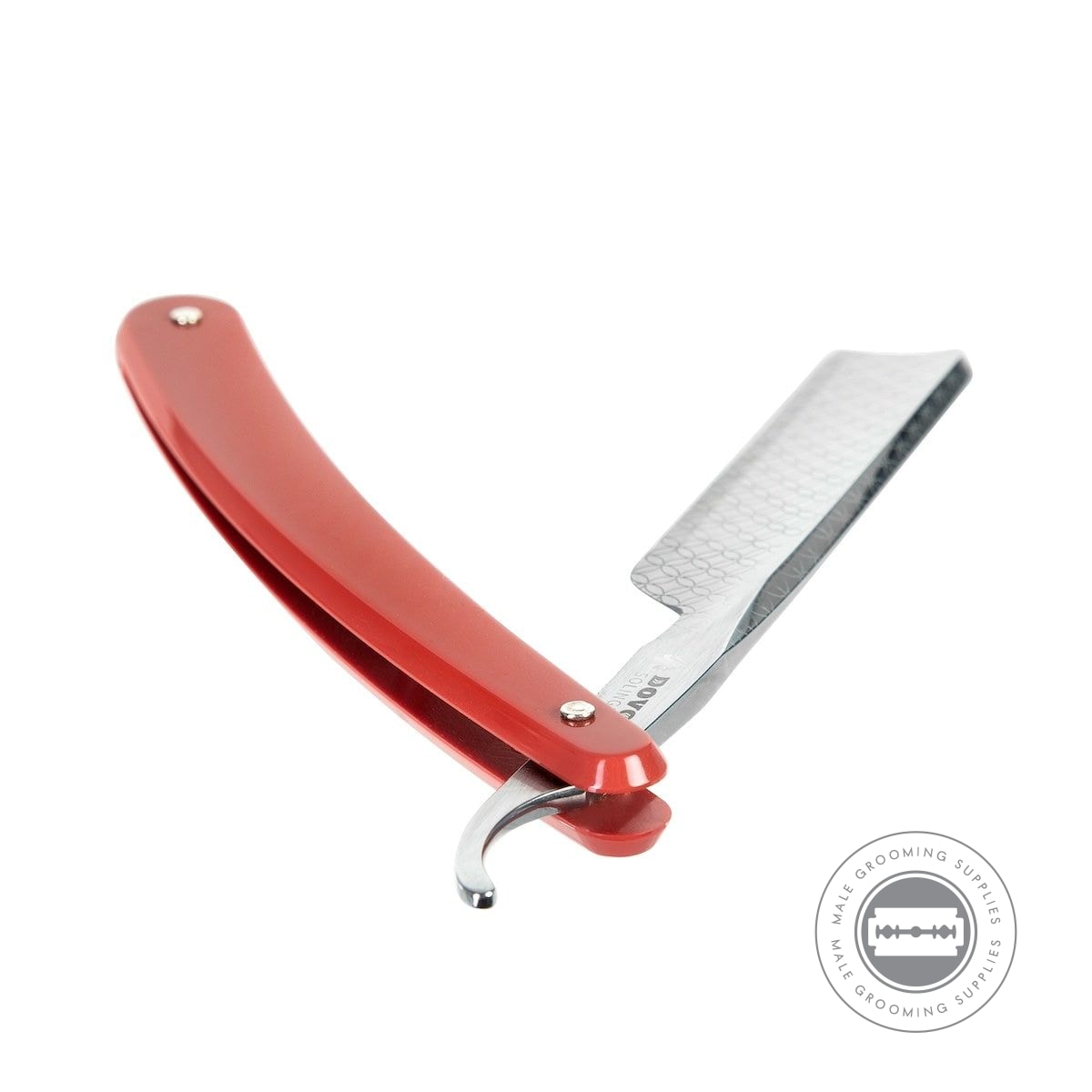 Open view of the Dovo Runde Sache Red Straight Razor showcasing the square point blade with intricate engravings.