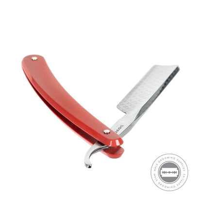 Open view of the Dovo Runde Sache Red Straight Razor showcasing the square point blade with intricate engravings.