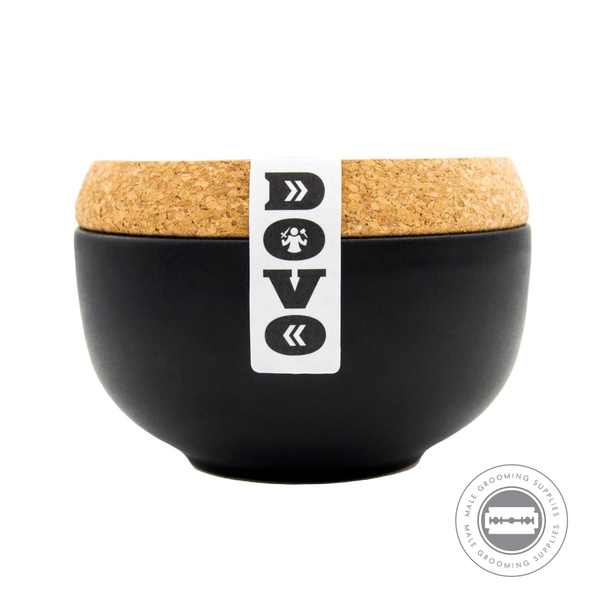 Side view of Dovo Shaving Soap ceramic bowl with cork lid, Berlin Barber style.